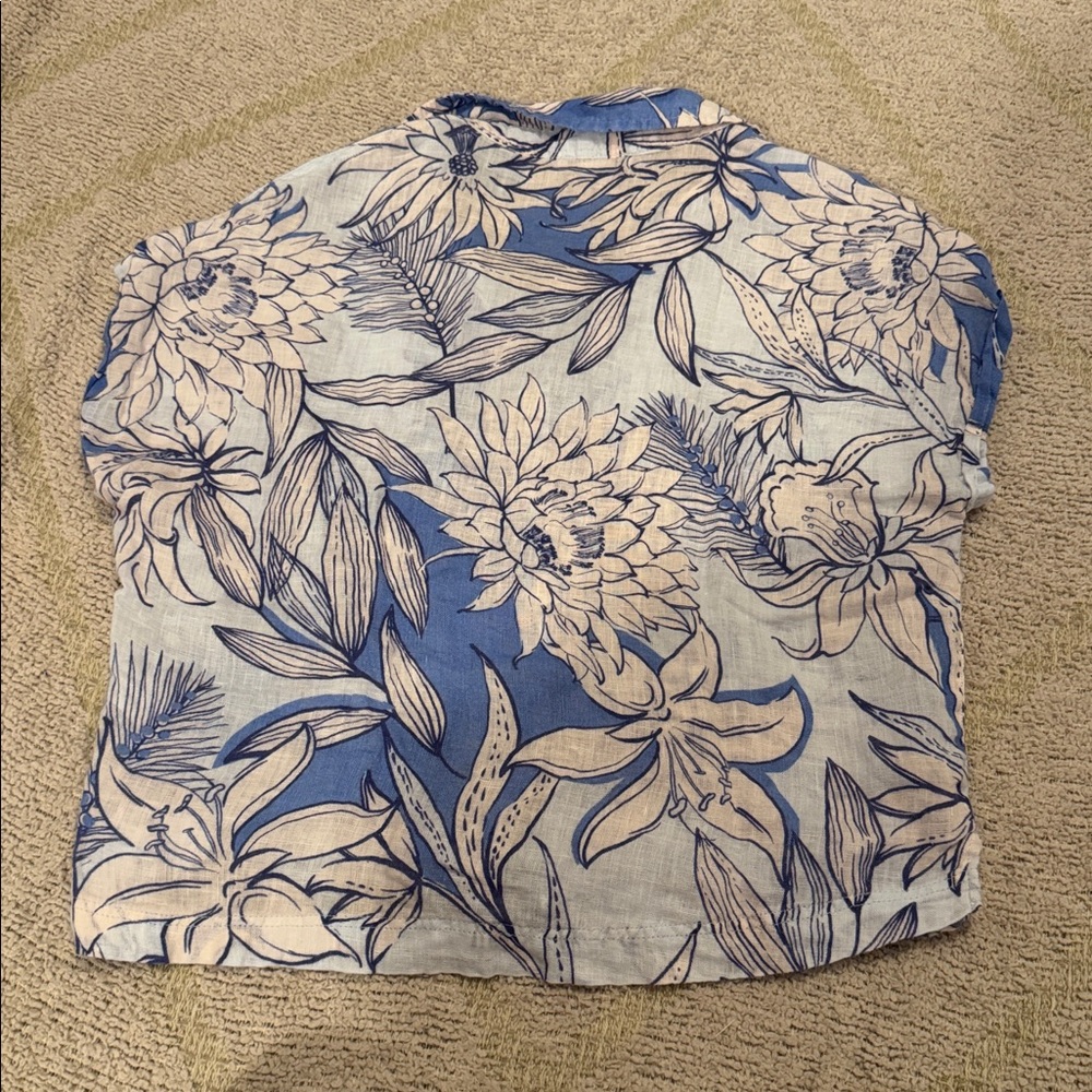 Halston 100% Linen Blue Floral Button Front Blouse Women’s Medium - Picture 4 of 4